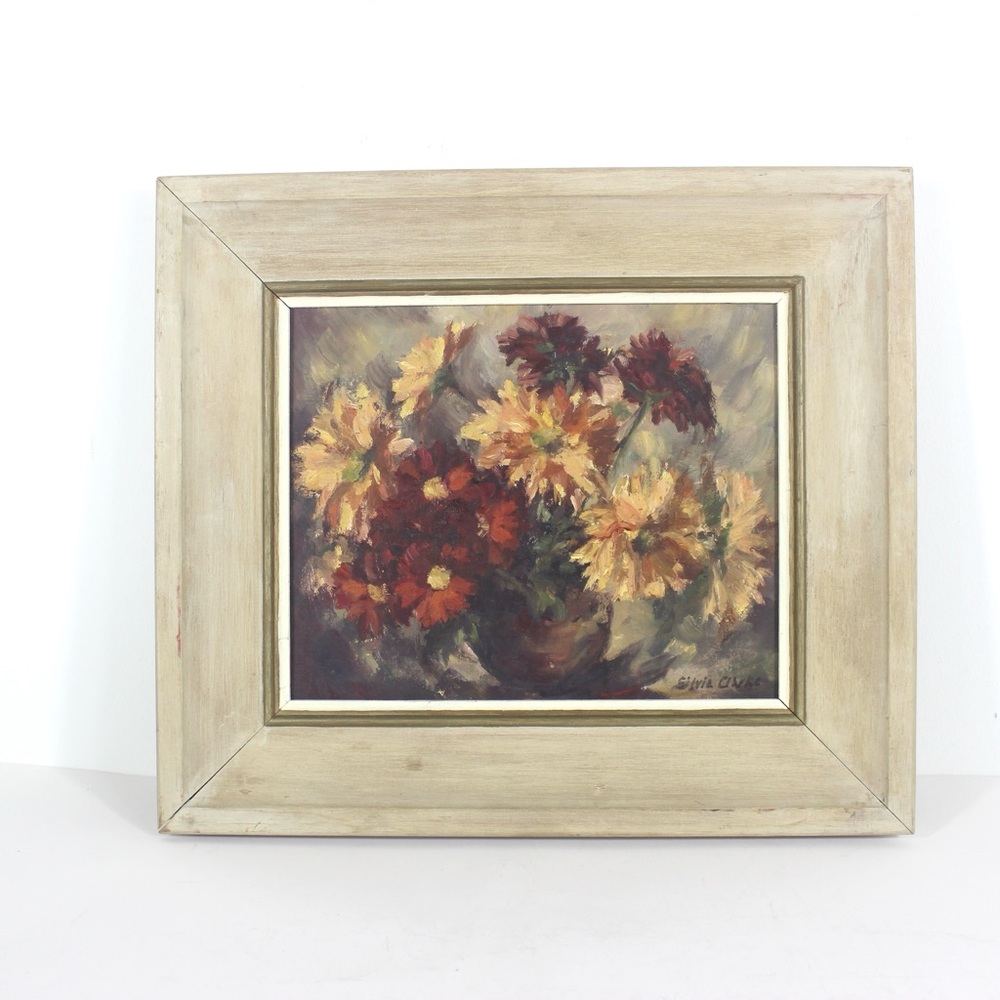1970’s Silvia Clarke Signed Painting, Floral Still Life Framed Chrysanthemums